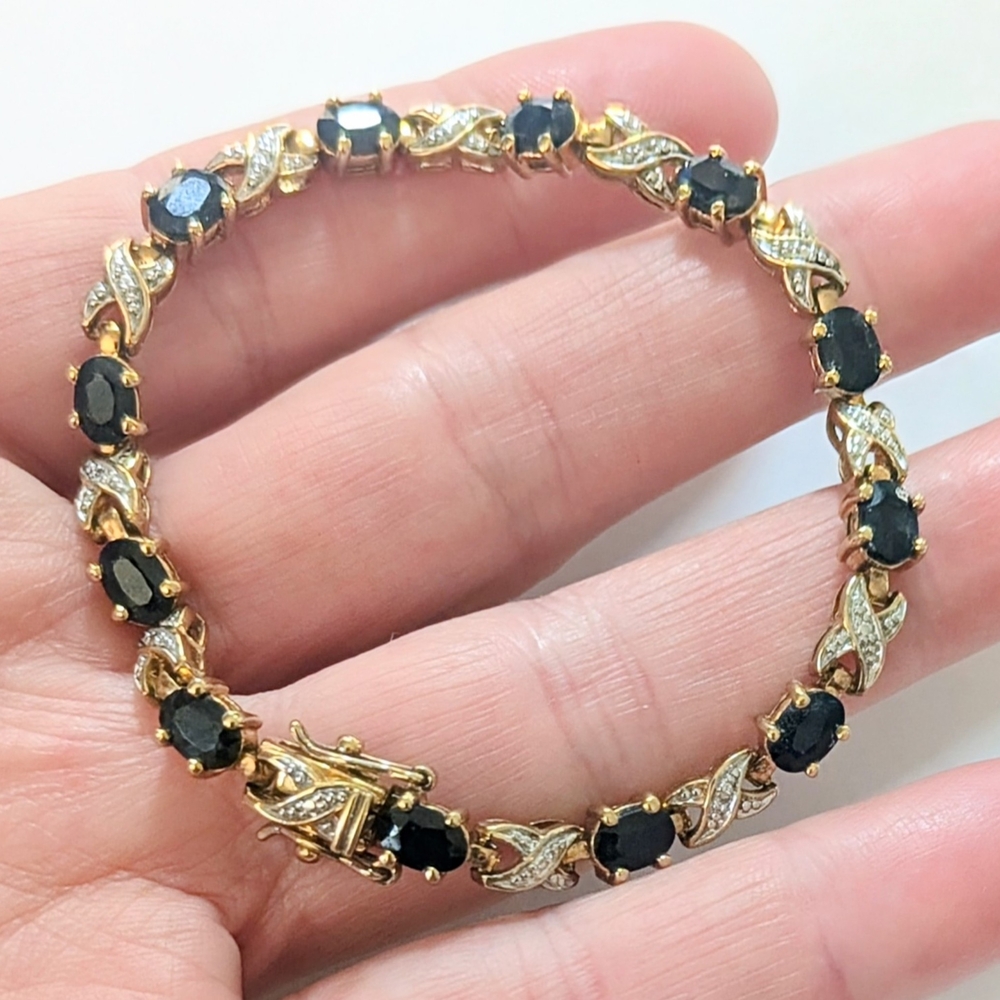 PAJ Signed STERLING SILVER Gold Vermeil Genuine Oval SAPPHIRE TENNIS BRACELET 7" - Picture 8 of 9